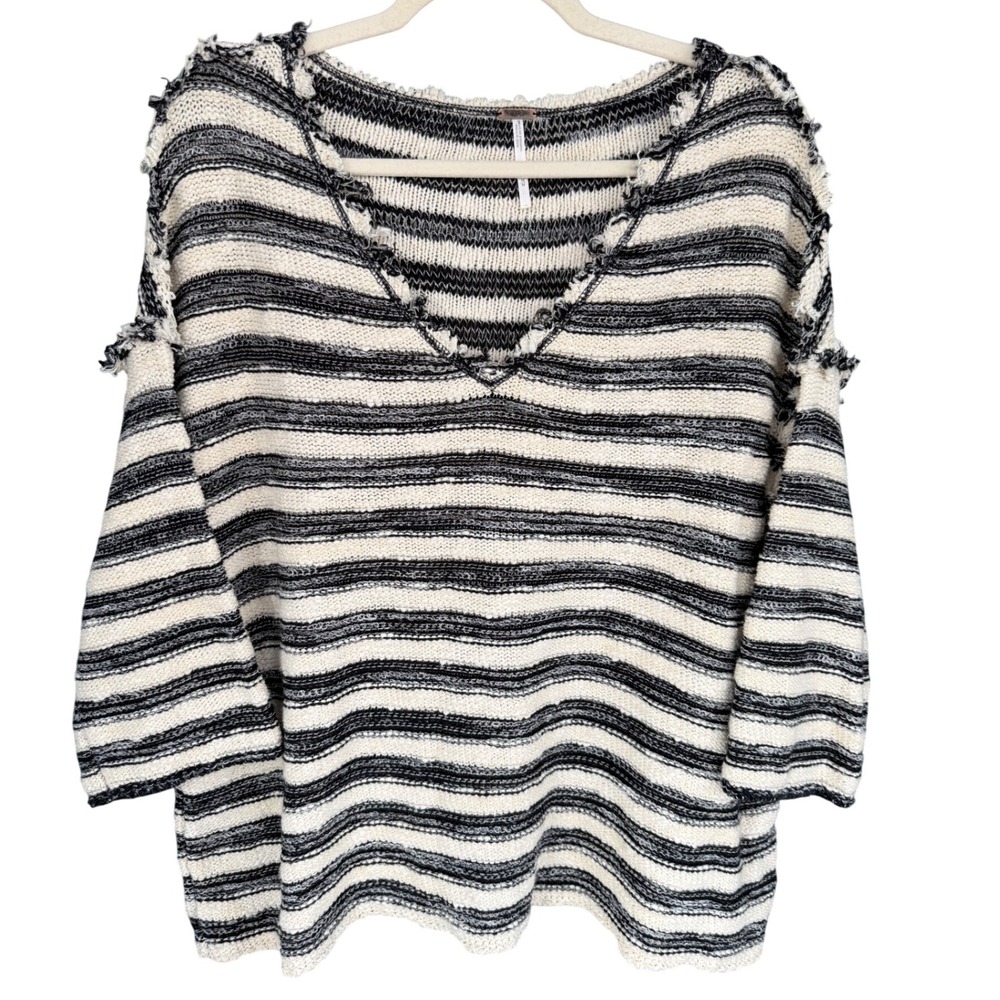 A6 Free People Sweater Striped Distressed Oversized Boho Fringe Knit Pullover